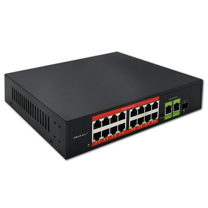 Qoltec Przełącznik sieciowy SWITCH FAST Ethernet PoE | 16x RJ45 10/100  Mb/s | 2x RJ45 Uplink 1000 Mb/s | 1x SFP 1000Mb/s