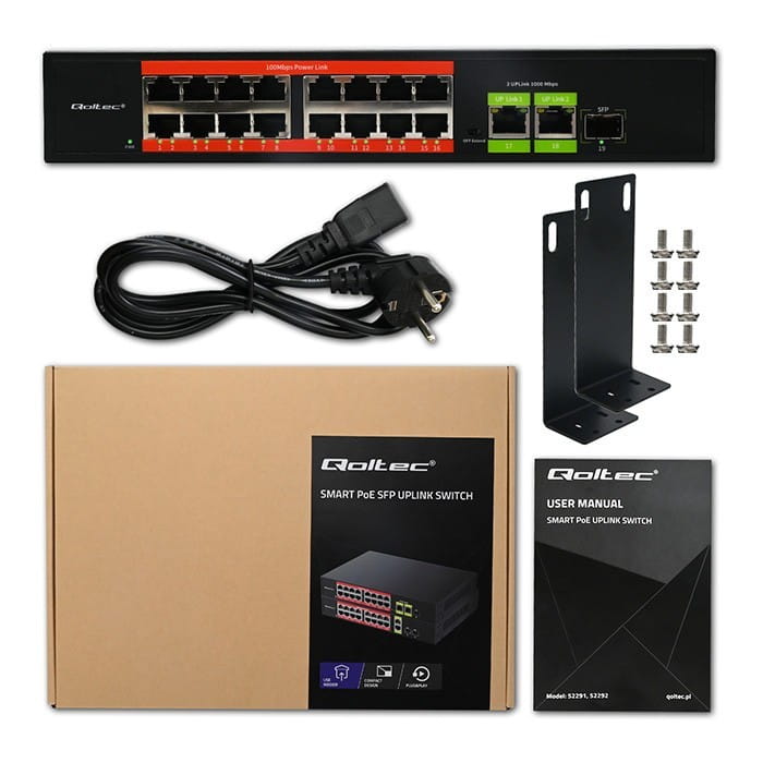 Qoltec Przełącznik sieciowy SWITCH FAST Ethernet PoE | 16x RJ45 10/100  Mb/s | 2x RJ45 Uplink 1000 Mb/s | 1x SFP 1000Mb/s