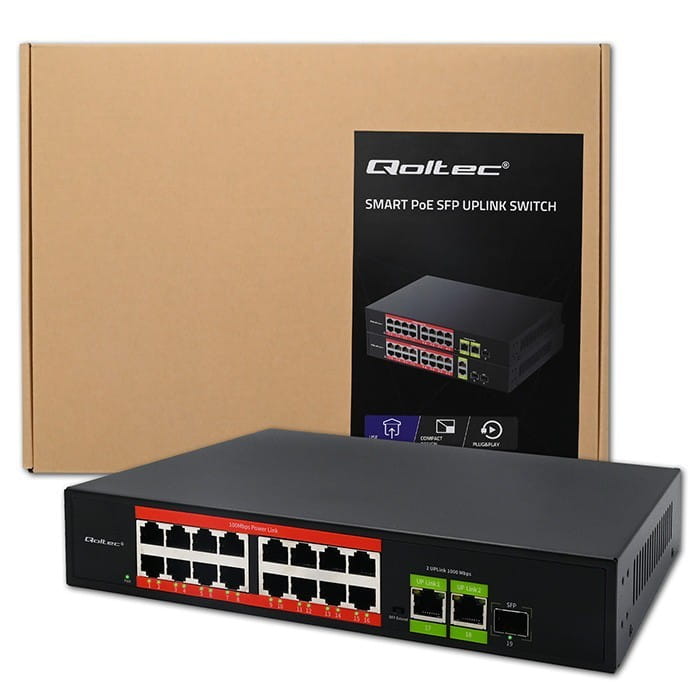 Qoltec Przełącznik sieciowy SWITCH FAST Ethernet PoE | 16x RJ45 10/100  Mb/s | 2x RJ45 Uplink 1000 Mb/s | 1x SFP 1000Mb/s