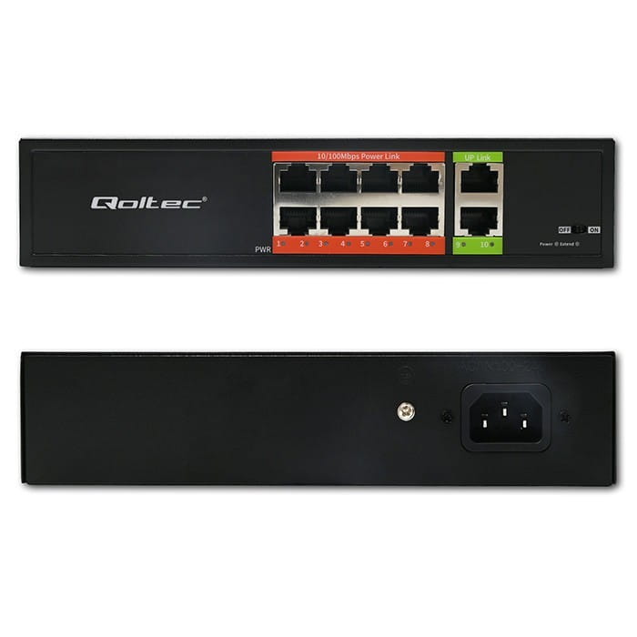 Qoltec Przełącznik sieciowy SWITCH FAST Ethernet PoE | 8x RJ45 |  2x RJ45 Uplink | 120W | 10/100 Mb/s