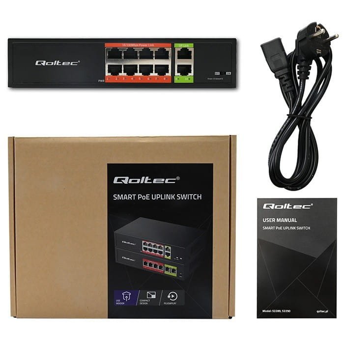 Qoltec Przełącznik sieciowy SWITCH FAST Ethernet PoE | 8x RJ45 |  2x RJ45 Uplink | 120W | 10/100 Mb/s