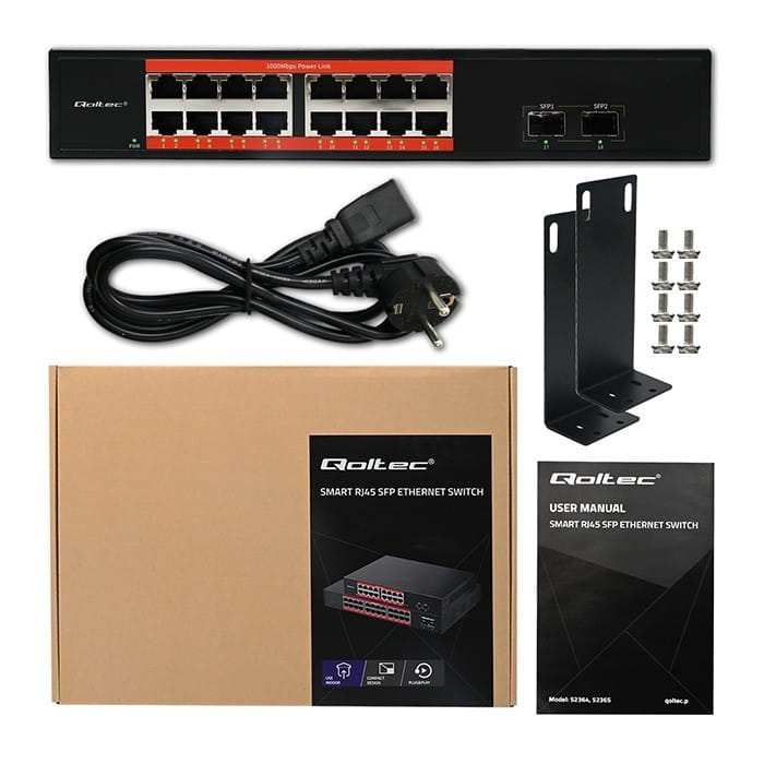 Qoltec Przełącznik sieciowy SWITCH Gigabit Ethernet PoE | 16x RJ45 | 2x SFP | 1000 Mb/s