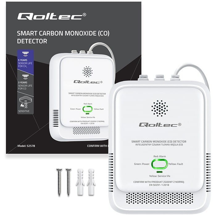 Qoltec Czujnik tlenku węgla (czadu) | detektor CO | alarm 85dB | LED