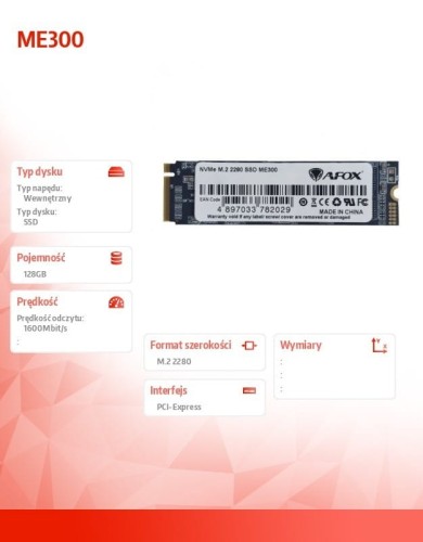 AFOX Dysk SSD ME300 M.2 PCI-Ex4 128GB TLC 1,6 GB/s NVMe