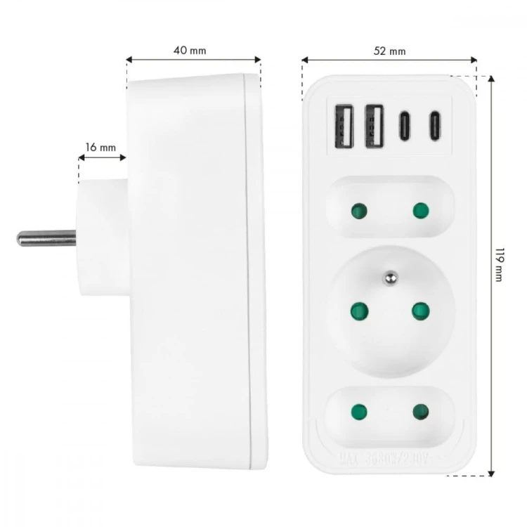 Maclean Rozdzielacz na 3 gniazda MCE248 F/W 2xUSB-A 2xUSB-C biały