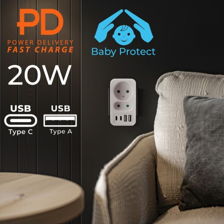 Maclean Rozdzielacz na 2 gniazda MCE249 F/W  2x USB-A 2x USB-C