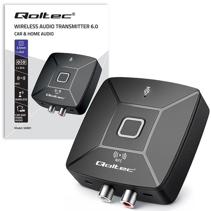 Qoltec Bezprzewodowy transmiter odbiornik Audio HiFi Home&Car | Bluetooth 6.0 | NFC | 2 x RCA | 1 x AUX MiniJack 3.5mm | Mikrofon
