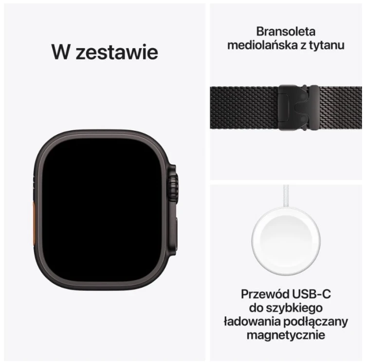 Apple Watch Ultra 3 GPS + Cellular, koperta 49 mm z tytanu w kolorze czarnym, bransoleta mediolańska z tytanu w kolorze czarnym - rozmiar S
