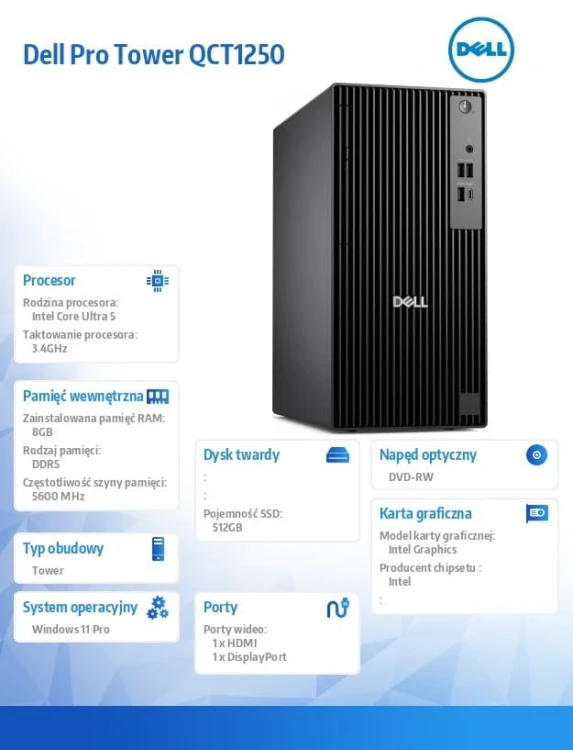 Dell Komputer Dell Pro Tower QCT1250 W11Pro U5 235/8GB/512GB SSD CL25/Integrated/DVD RW/Kb/TPM/3YPS