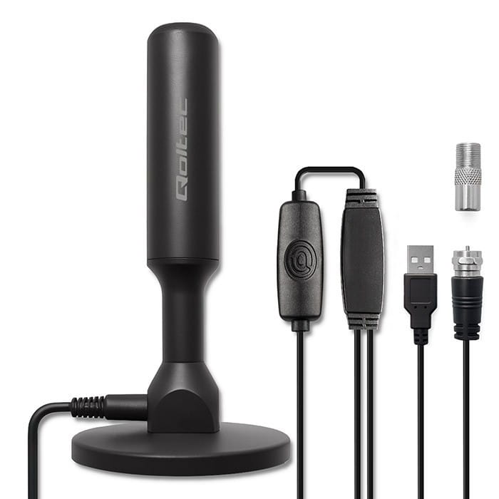 Qoltec Wewnętrzna Antena TV DVB-T2 ze wzmacniaczem sygnału i magnetyczną podstawą | 4K | 28dBi | 5m