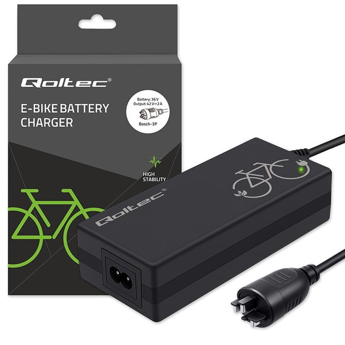 Qoltec Ładowarka do roweru elektrycznego 36V | 42V | 2A | wtyczka Bosch 3Pin + kabel zasilający