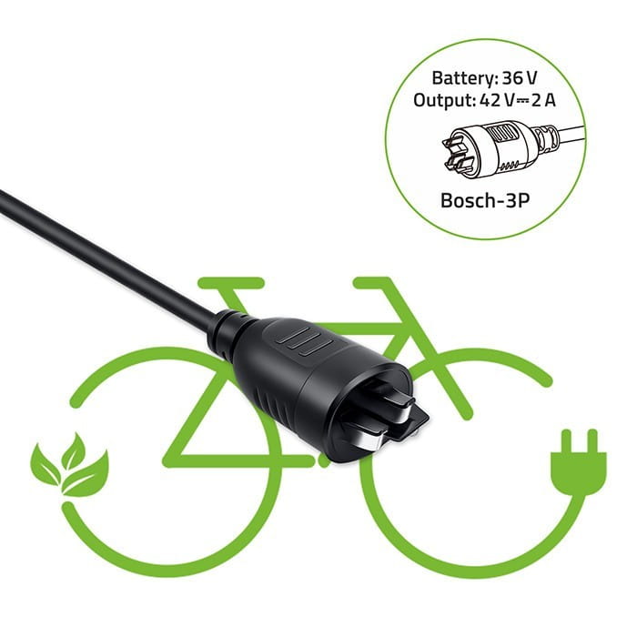 Qoltec Ładowarka do roweru elektrycznego 36V | 42V | 2A | wtyczka Bosch 3Pin + kabel zasilający
