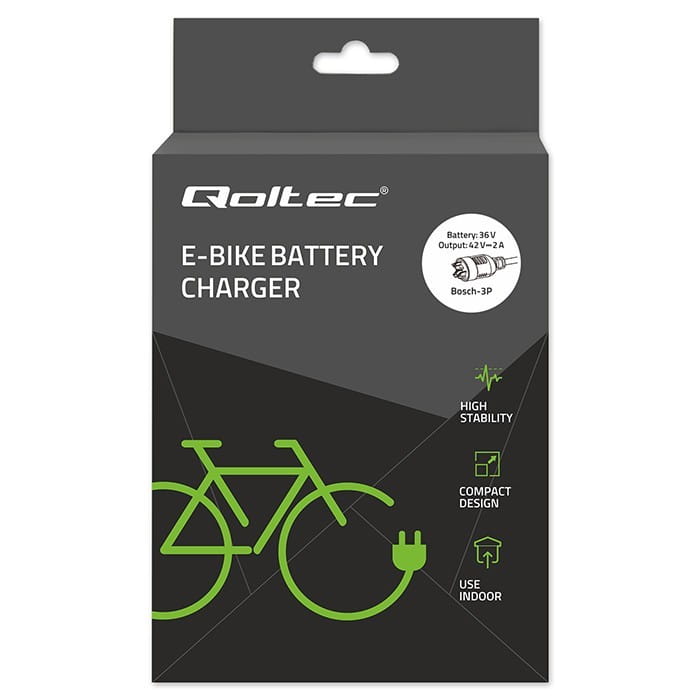 Qoltec Ładowarka do roweru elektrycznego 36V | 42V | 2A | wtyczka Bosch 3Pin + kabel zasilający