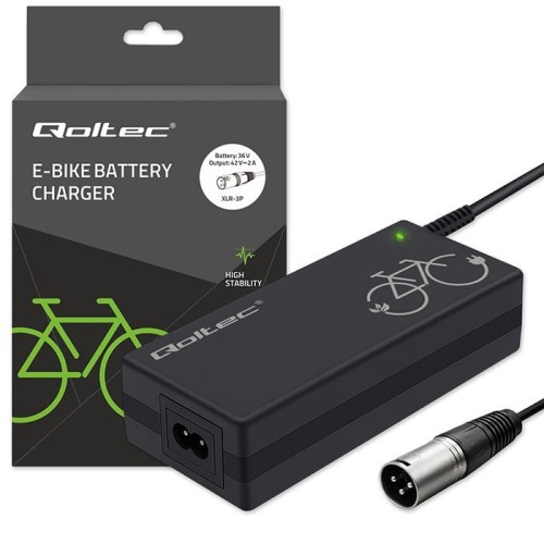 Qoltec Ładowarka do roweru elektrycznego 36V | 42V | 2A | 3P XLR-18mm  + kabel zasilający