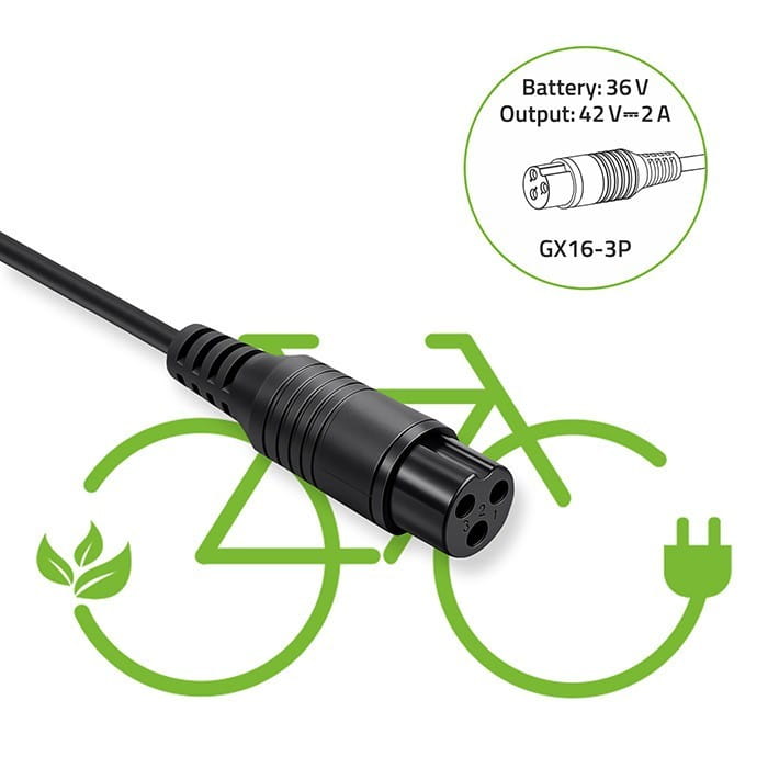 Qoltec Ładowarka do roweru elektrycznego 36V | 42V | 2A | 3P-GX16 + kabel zasilający
