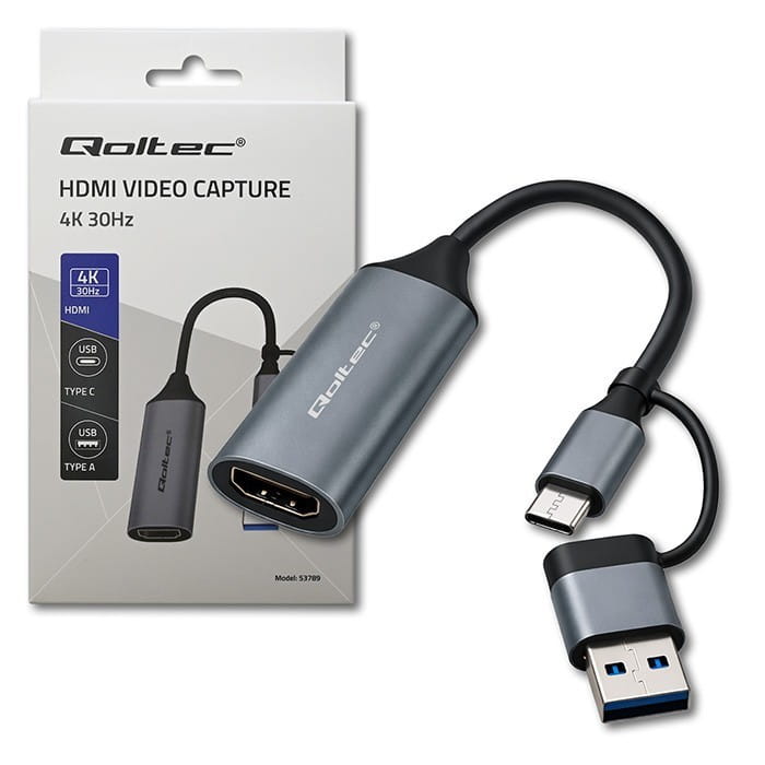 Qoltec Adapter USB-C USB-A | HDMI | 4K 30Hz | aluminium