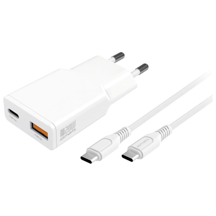 4smarts Ładowarka sieciowa PDPlug 20W GaN + USB-C + USB-A + kabel USB-C  1,5m Biała