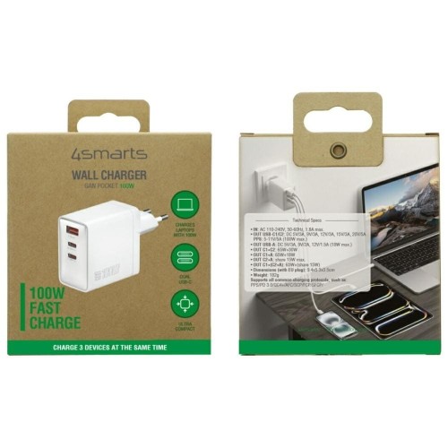 4smarts Ładowarka sieciowa Pocket 100W GaN 2xUSB-C + USB-A Biała