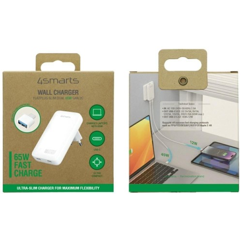 4smarts Ładowarka sieciowa FlatPlug 65W GaN Dual 2xUSB-C Biała