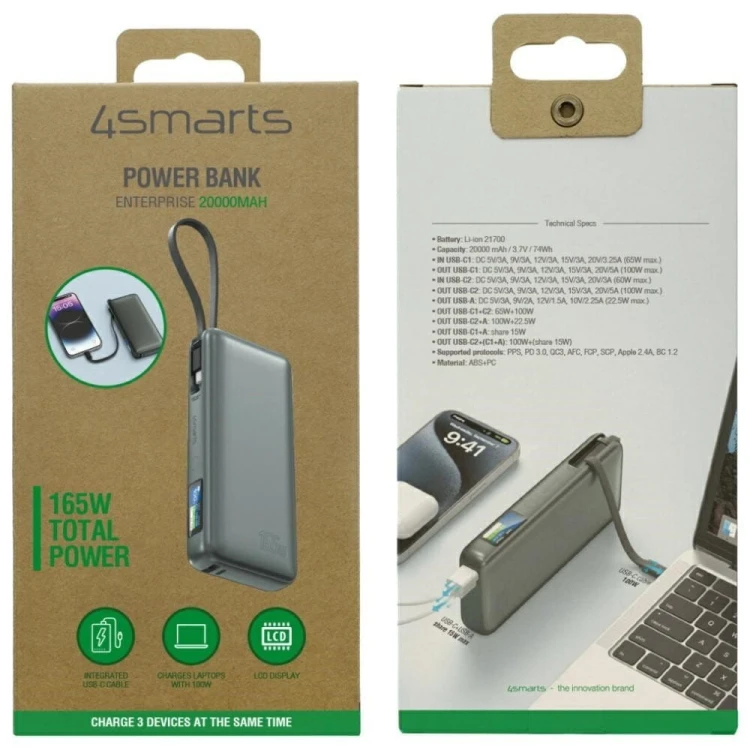 4smarts Powerbank Enterprise 20000mAh 165W z wbudowanym kablem USB-C LCD