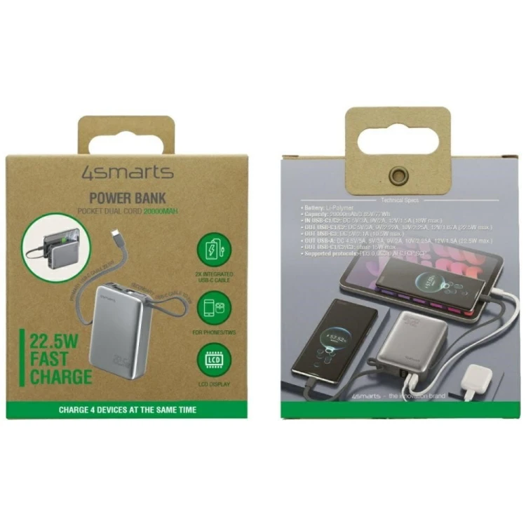 4smarts Powerbank Pocket Dual Cord 20000mAh 22,5W z wbudowanym kablem USB-C 15cm Szary