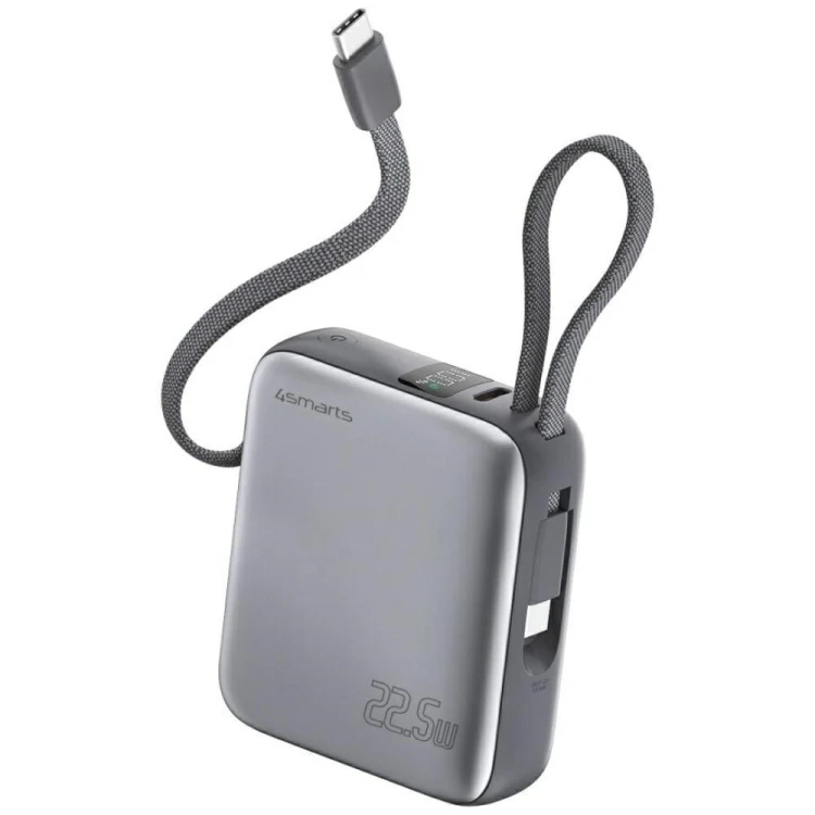 4smarts Powerbank Pocket Dual Cord 10000mAh 22,5W z wbudowanym kablem USB-C 15cm Szary