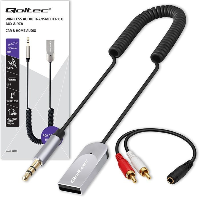 Qoltec Bezprzewodowy adapter odbiornik dźwięku Audio HiFi Home&Car | Bluetooth 6.0 | 2 x RCA | 1 x AUX MiniJack 3.5mm | USB | Mikrofon