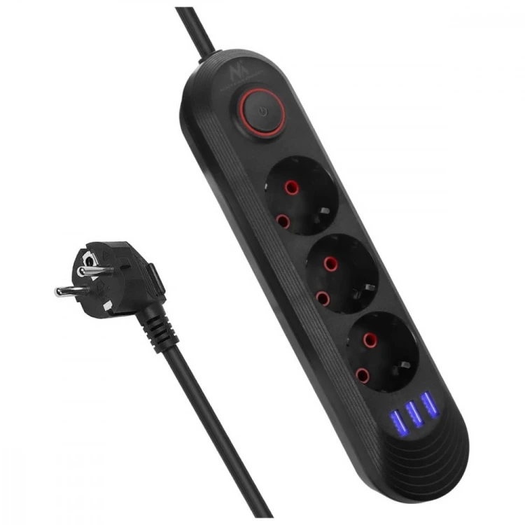 Maclean Listwa zasilająca MCE394 B, 1,5m|3 gniazda + 3xUSB. 110-240V AC 50/60Hz, 2.1A max 2500W, czarna