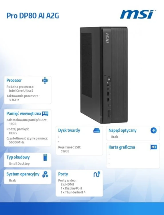 MSI Komputer PRO DP80 AI A2G-083XEU nOS/Intel Core Ultra 5 225/16GB/512GB/Czarny