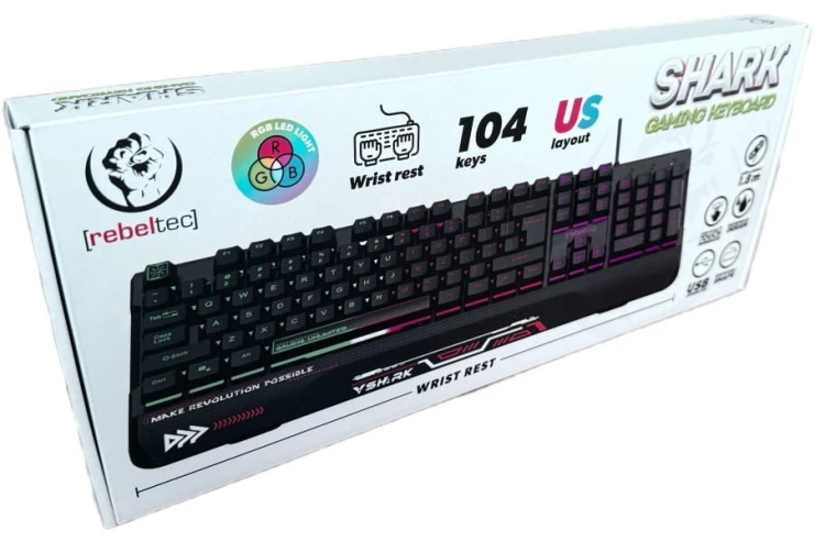 Rebeltec Klawiatura pełnowymiarowa RGB dla graczy SHARK wbudowana podkładka pod nadgarstki, wodoodporna konstrukcja