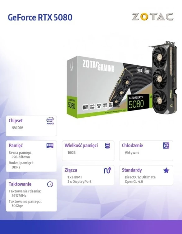 ZOTAC Karta graficzna GeForce RTX 5080 SOLID CORE 16GB GDDR7 256bit 3DP/HDMI