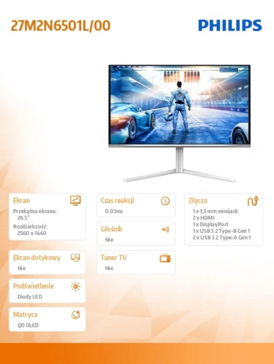 Philips Monitor 27M2N6501L 26.5 cala QD OLED 240Hz HDMIx2 DP Pivot