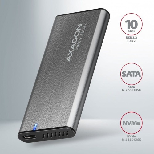 AXAGON EEM2-SG2 Obudowa zewnętrzna aluminiowa bezśrubowa USB-C 3.2 Gen 2 M.2 NVMe &amp; SATA SSD + USB-A - USB-C redukcja