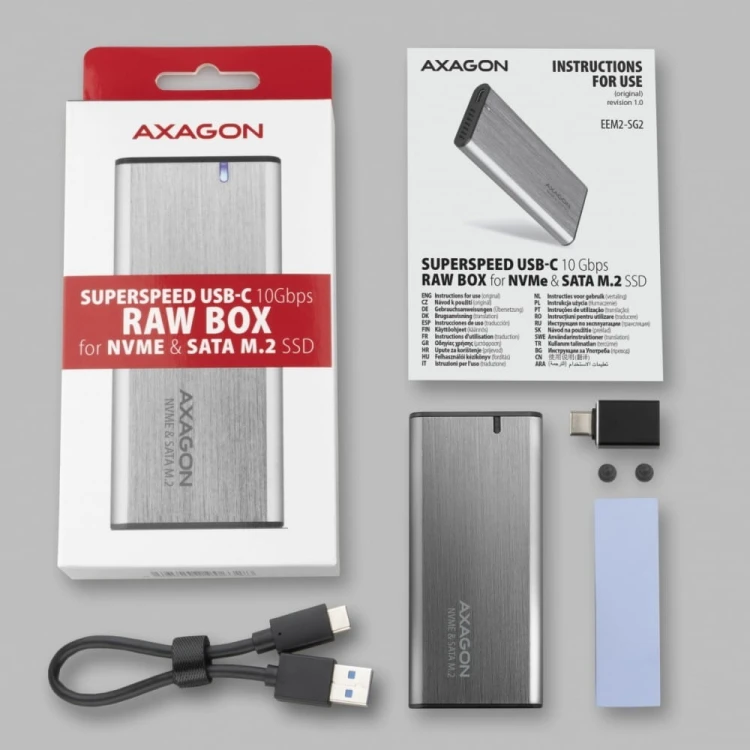 AXAGON EEM2-SG2 Obudowa zewnętrzna aluminiowa bezśrubowa USB-C 3.2 Gen 2 M.2 NVMe &amp; SATA SSD + USB-A - USB-C redukcja