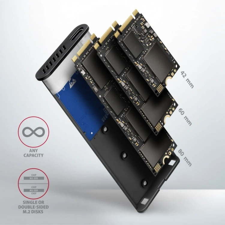 AXAGON EEM2-SG2 Obudowa zewnętrzna aluminiowa bezśrubowa USB-C 3.2 Gen 2 M.2 NVMe &amp; SATA SSD + USB-A - USB-C redukcja