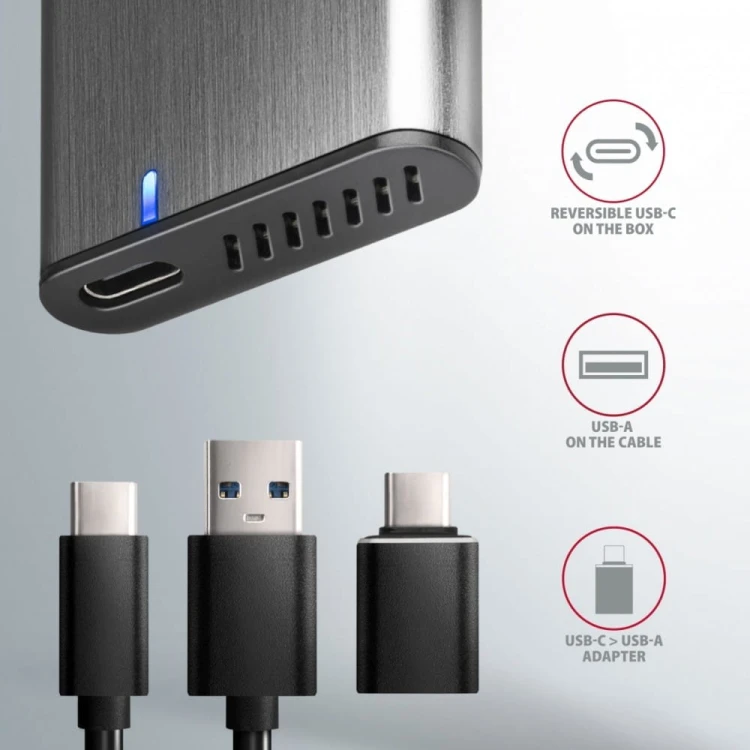 AXAGON EEM2-SG2 Obudowa zewnętrzna aluminiowa bezśrubowa USB-C 3.2 Gen 2 M.2 NVMe &amp; SATA SSD + USB-A - USB-C redukcja