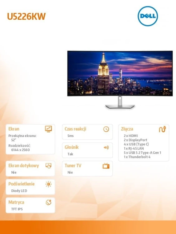 Dell Monitor U5226KW 51.5 cala IPS Black Curved 6K 120Hz (6144×2560) / 21:9 / 2xDP / 2xHDMI /Thunderbolt 4 /4x USB-C/5xUSB/3Y