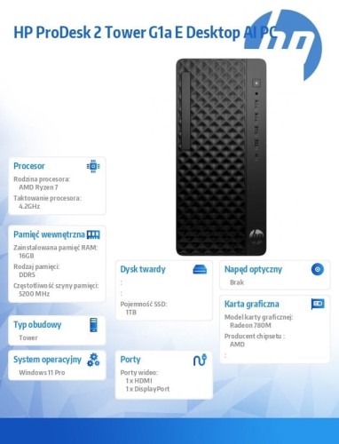 HP Inc. Komputer ProDesk 2 Tower G1a R7-8700G 1TB/16GB/W11P      BY7D8ET