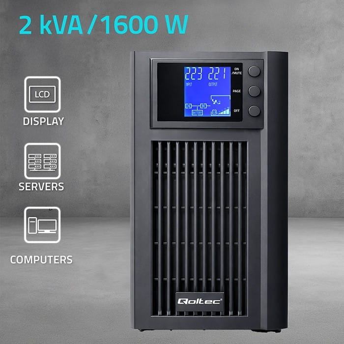 Qoltec Zasilacz awaryjny UPS Pure Sine Wave | 2kVA | 1600W | AVR | LCD |Czysty Sinus