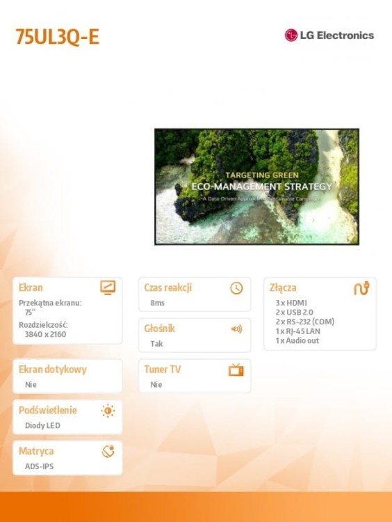 LG Electronics Monitor wielkoformatowy 75 cali 75UL3Q-E 350nit UHD 16/7