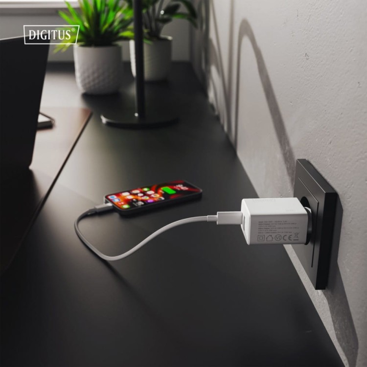 Digitus Ładowarka sieciowa 20W | 1x USB-C, 1x USB-A | PD 3.0, QC 3.0 | Biała