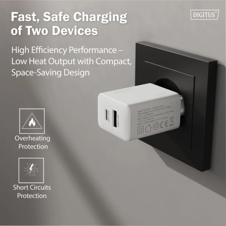 Digitus Ładowarka sieciowa 20W | 1x USB-C, 1x USB-A | PD 3.0, QC 3.0 | Biała