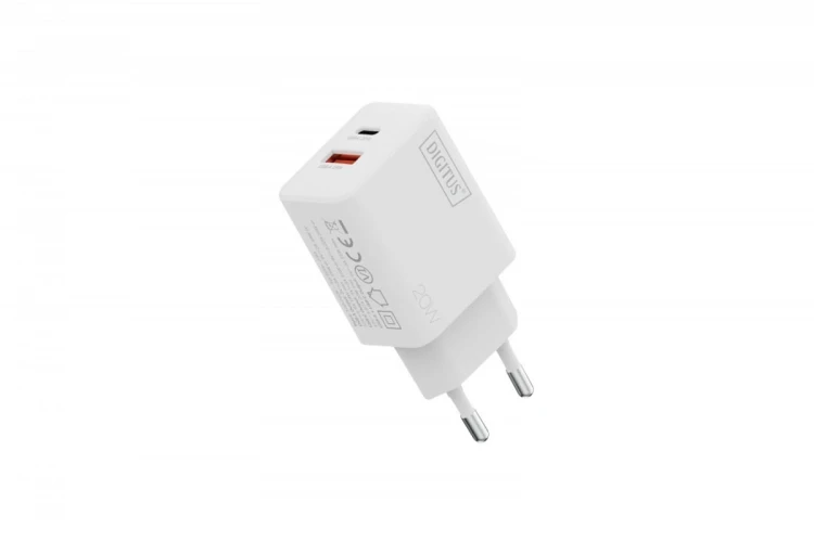 Digitus Ładowarka sieciowa 20W | 1x USB-C, 1x USB-A | PD 3.0, QC 3.0 | Biała