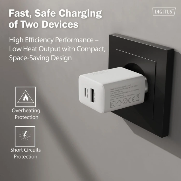 Digitus Ładowarka sieciowa GaN II 30W | 1x USB-C, 1x USB-A | PD 3.0, QC 3.0 | Biała