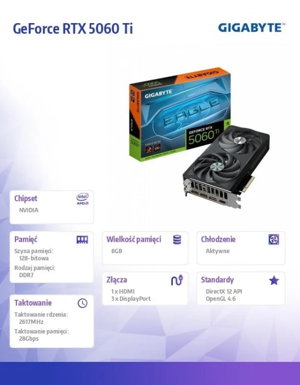 Gigabyte Karta graficzna GeForce RTX 5060 Ti EAGLE OC 12 8BIT GDDR7 HDMI/3DP