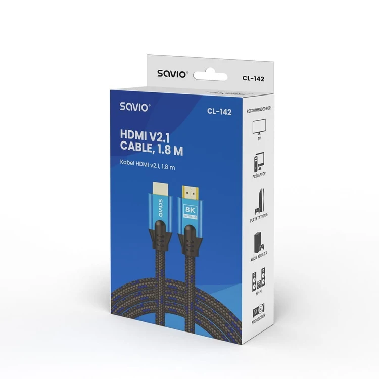 Savio Kabel HDMI (M) v2.1, 1,8m, 8K, miedź, niebiesko-czarny, złote końcówki, ethernet/3D, CL-142