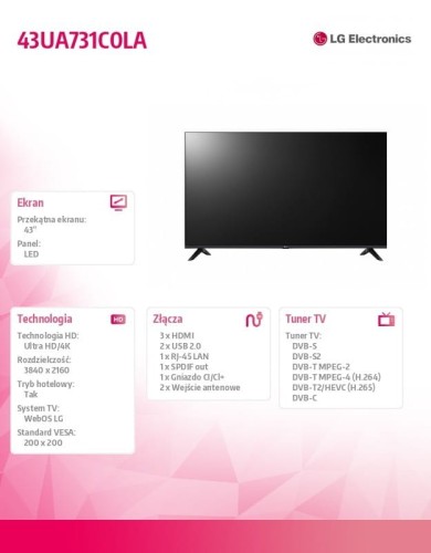 LG Electronics Telewizor LED 43 cale 43UA731C0LA.AEEQ