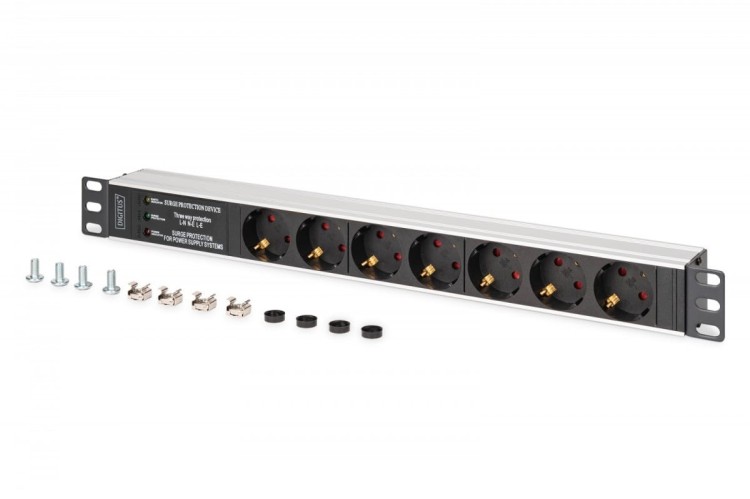 Digitus Listwa zasilająca PDU Rack 19" z zabezpieczeniem przeciwprzepięciowym + filtr EMI/RFI, 7 gniazd Schuko CEE 7/3, kabel 2m, wtyk Unischuko CEE 7