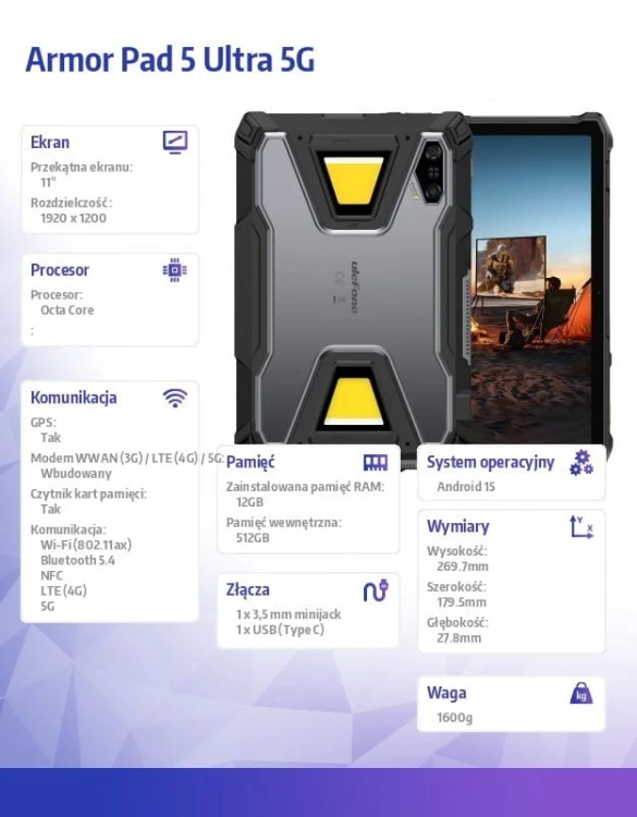 ULEFONE Tablet Armor Pad 5 Ultra 5G 11 cali 12/512GB IP69K projektor