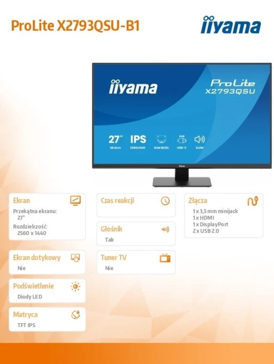 IIYAMA Monitor 27 cali X2793QSU-B1 IPS, QHD, HDMI, DP, 2xUSB